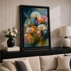 Dreamy botanical wall art featuring delicate dandelion seedheads in soft white, blush pink, and golden tones. Expressive contemporary brushstrokes, glowing highlights, and an atmospheric blue-green background create a serene floral composition perfect for modern, cottagecore, and nature-inspired interiors.