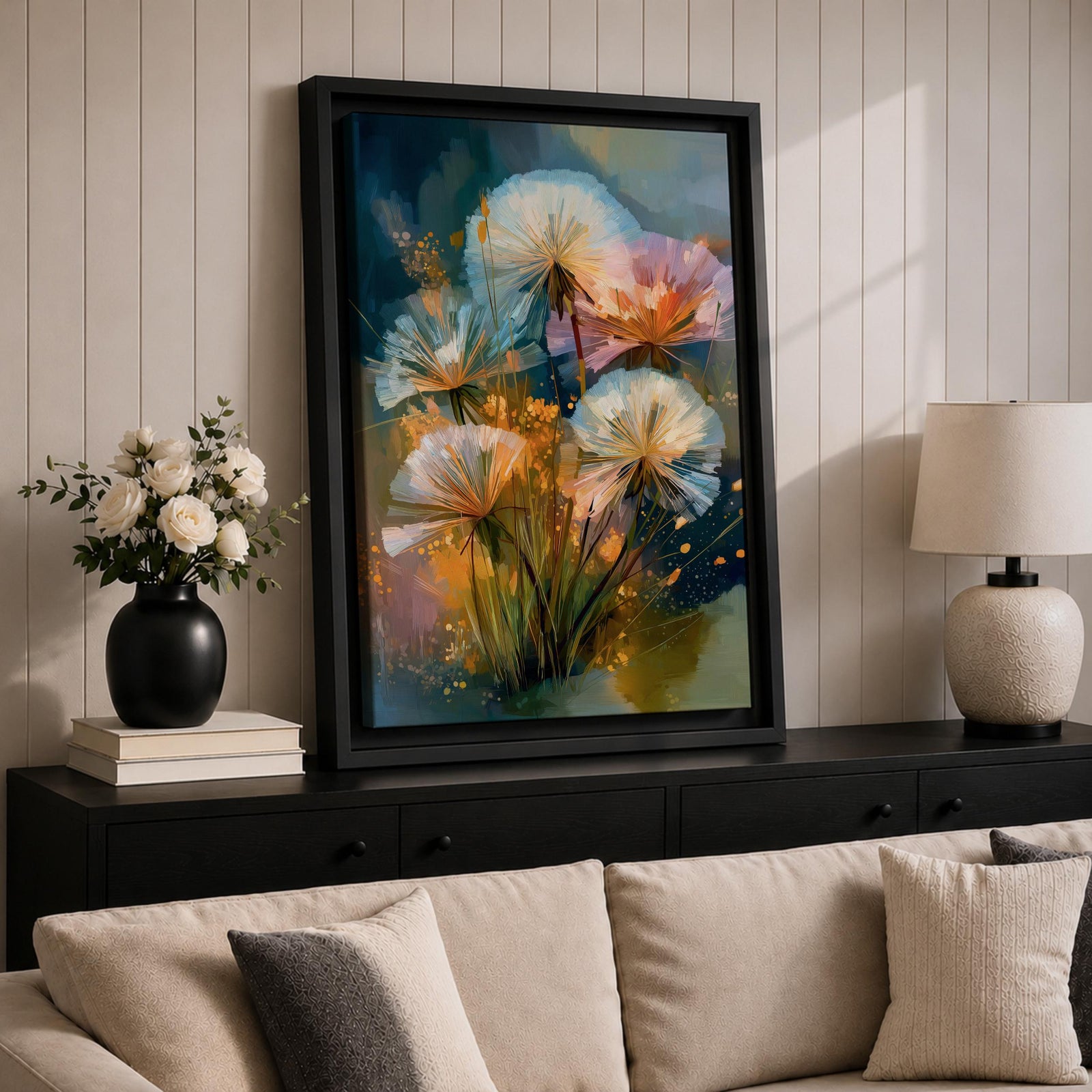 Dreamy botanical wall art featuring delicate dandelion seedheads in soft white, blush pink, and golden tones. Expressive contemporary brushstrokes, glowing highlights, and an atmospheric blue-green background create a serene floral composition perfect for modern, cottagecore, and nature-inspired interiors.