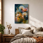 Dreamy botanical wall art featuring delicate dandelion seedheads in soft white, blush pink, and golden tones. Expressive contemporary brushstrokes, glowing highlights, and an atmospheric blue-green background create a serene floral composition perfect for modern, cottagecore, and nature-inspired interiors.