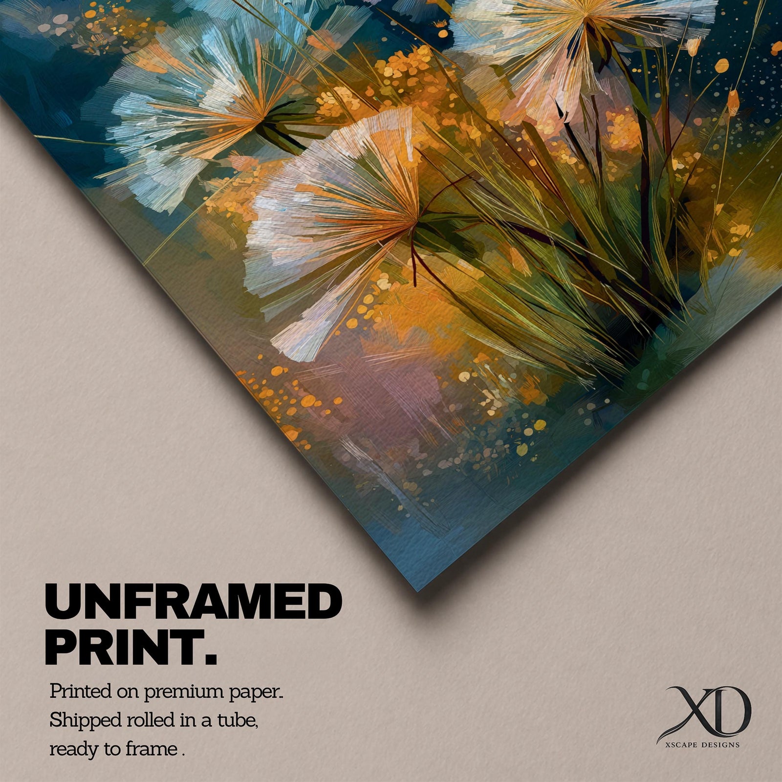 Dreamy botanical wall art featuring delicate dandelion seedheads in soft white, blush pink, and golden tones. Expressive contemporary brushstrokes, glowing highlights, and an atmospheric blue-green background create a serene floral composition perfect for modern, cottagecore, and nature-inspired interiors.