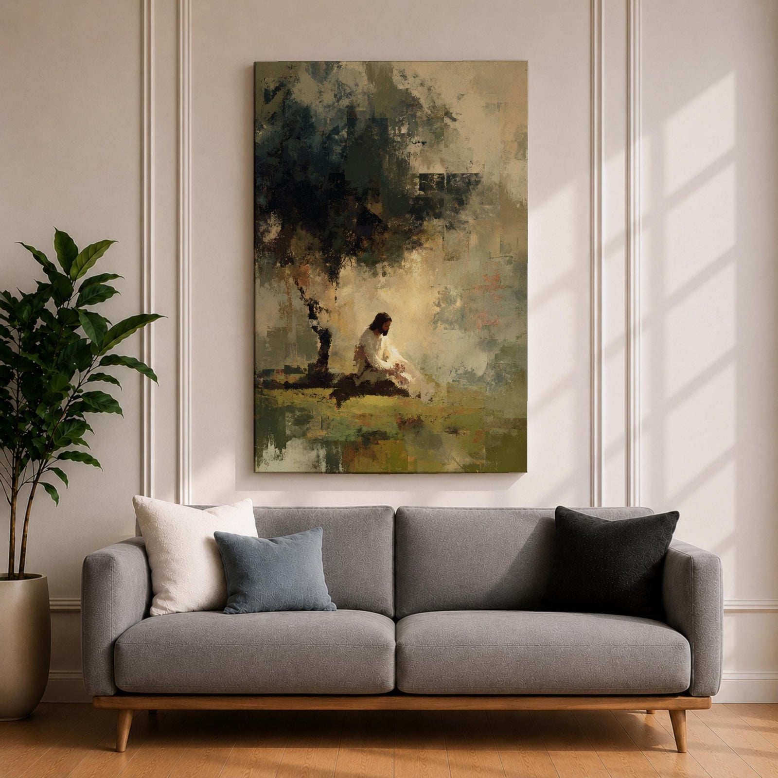 Reflect on faith and peace with this Jesus Praying Wall Art, portraying Christ seated beneath a tree in a tranquil garden rendered in soft impressionist brushstrokes. Neutral earth tones, atmospheric light, and a serene landscape create a meaningful focal point for Christian homes and prayer spaces.