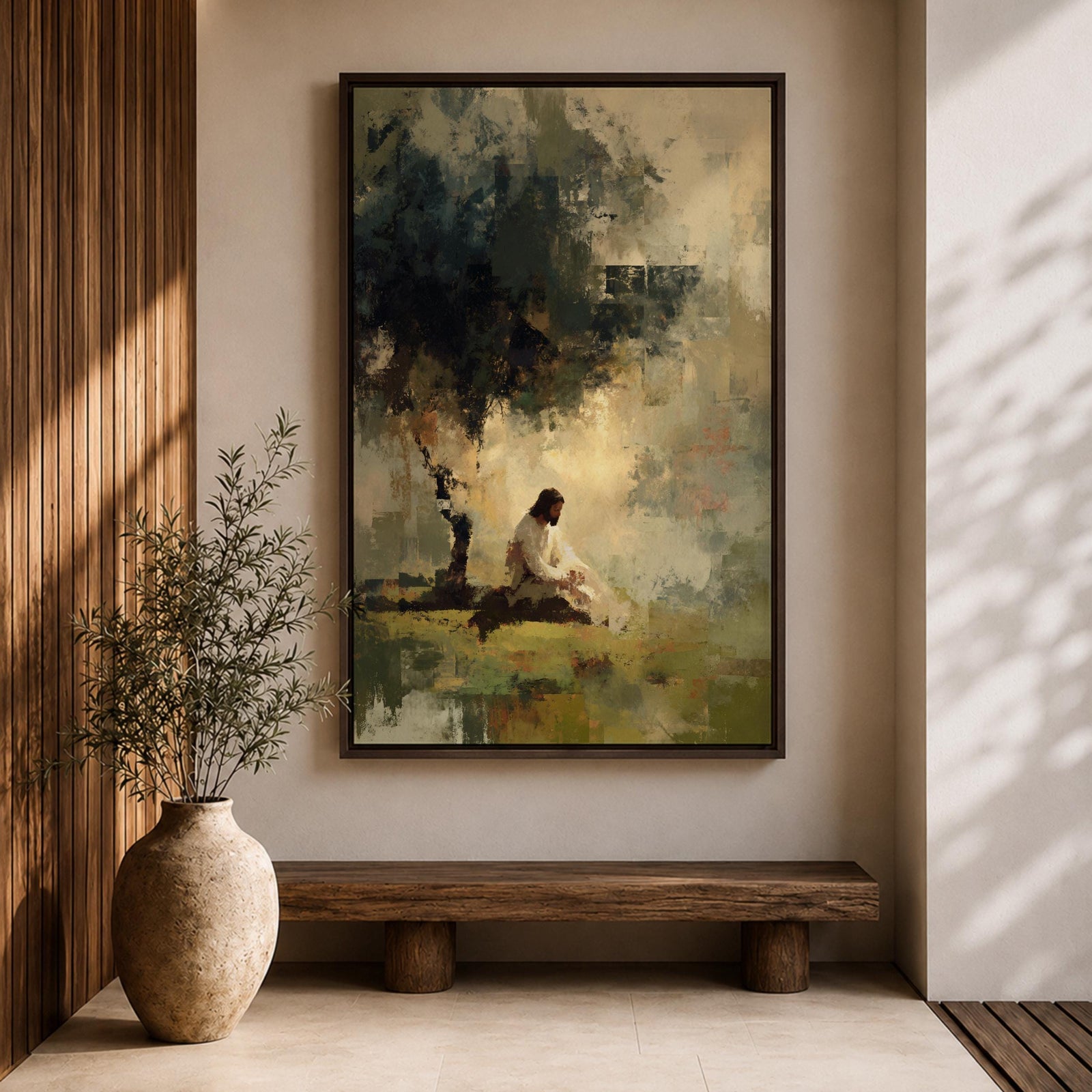 Reflect on faith and peace with this Jesus Praying Wall Art, portraying Christ seated beneath a tree in a tranquil garden rendered in soft impressionist brushstrokes. Neutral earth tones, atmospheric light, and a serene landscape create a meaningful focal point for Christian homes and prayer spaces.