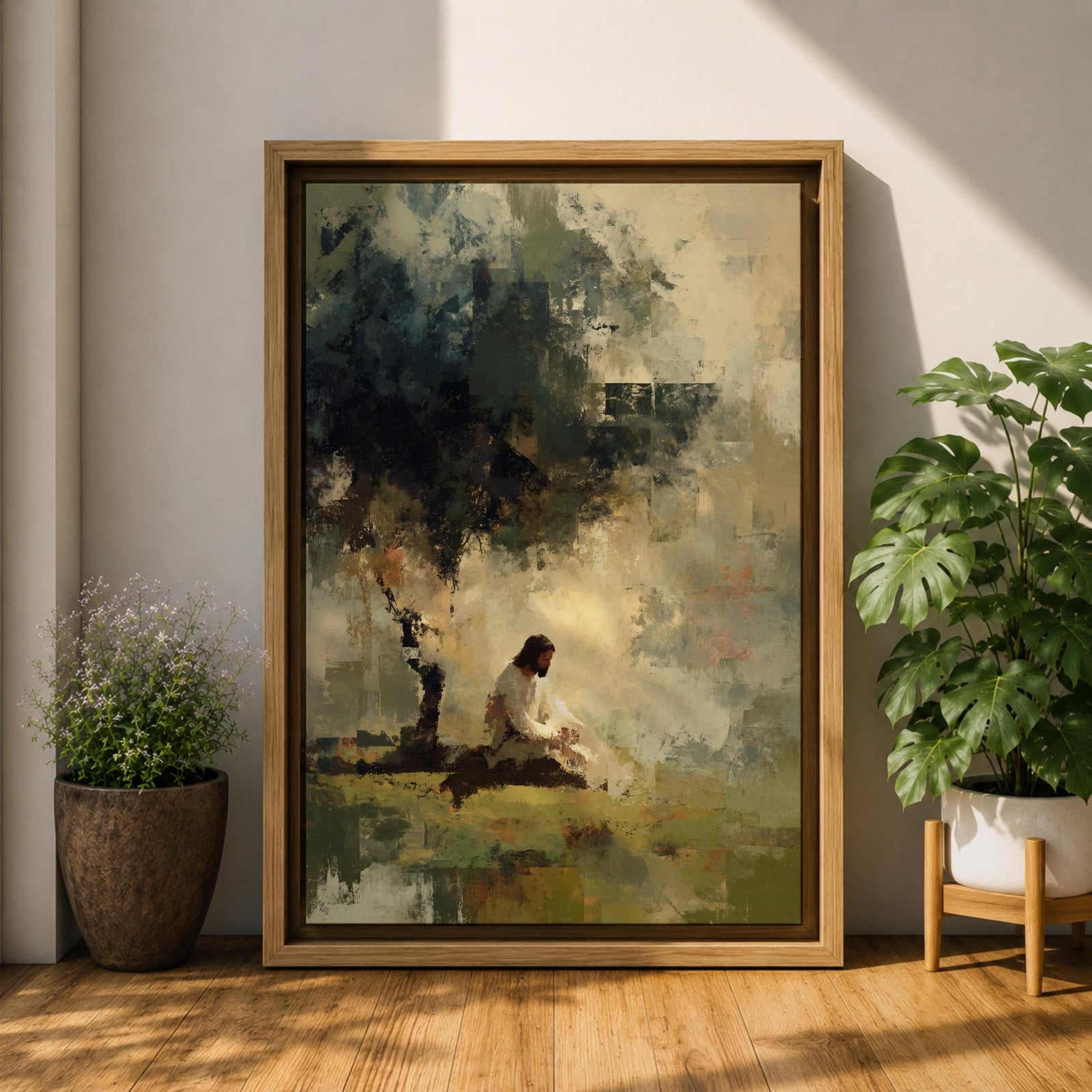 Reflect on faith and peace with this Jesus Praying Wall Art, portraying Christ seated beneath a tree in a tranquil garden rendered in soft impressionist brushstrokes. Neutral earth tones, atmospheric light, and a serene landscape create a meaningful focal point for Christian homes and prayer spaces.