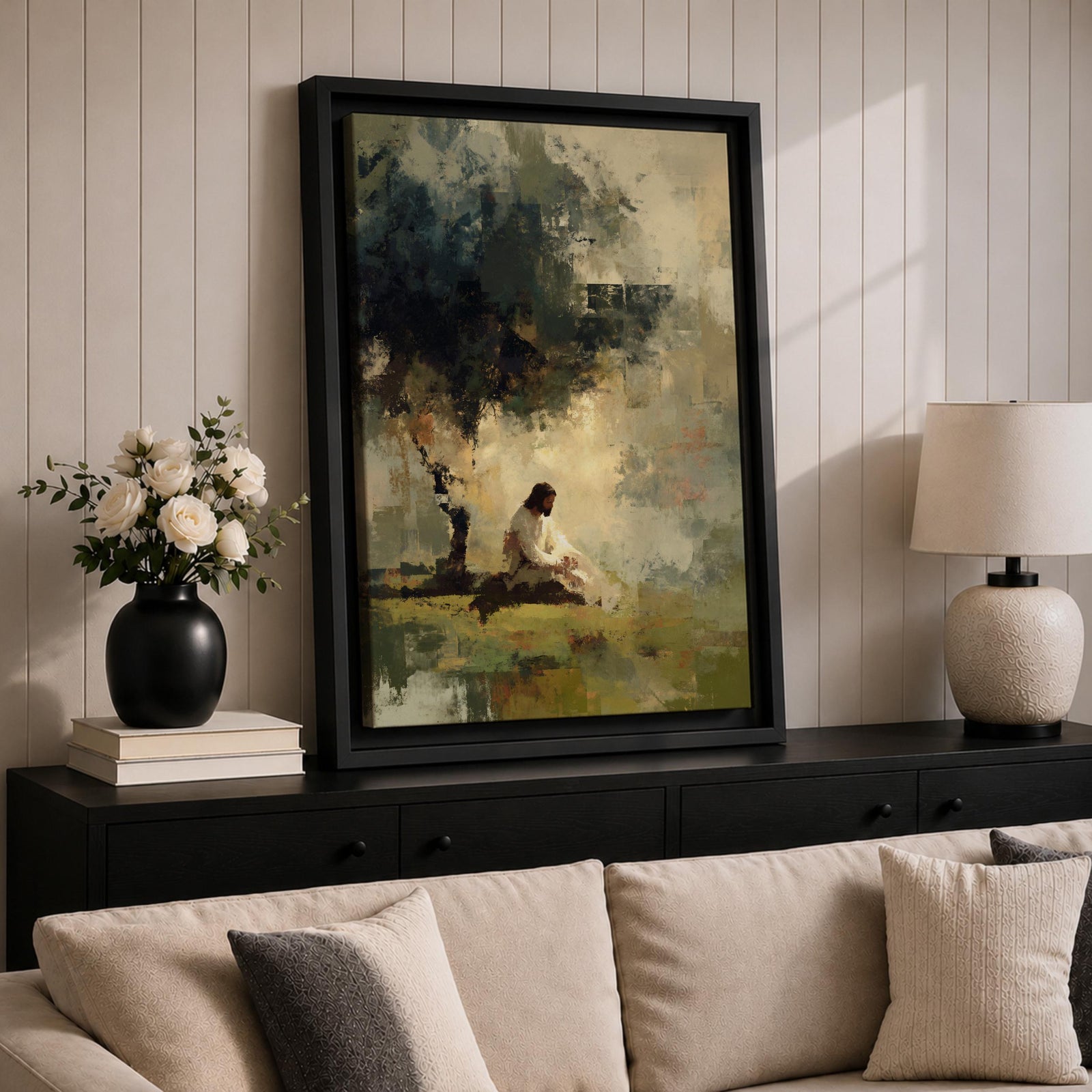 Reflect on faith and peace with this Jesus Praying Wall Art, portraying Christ seated beneath a tree in a tranquil garden rendered in soft impressionist brushstrokes. Neutral earth tones, atmospheric light, and a serene landscape create a meaningful focal point for Christian homes and prayer spaces.