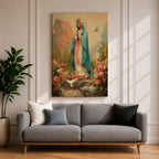 Virgin Mary wall art featuring Madonna in prayer surrounded by blooming roses and white doves in a peaceful garden. Soft pastel colors and impressionist brushwork create a beautiful Christian religious artwork for prayer rooms and sacred spaces.