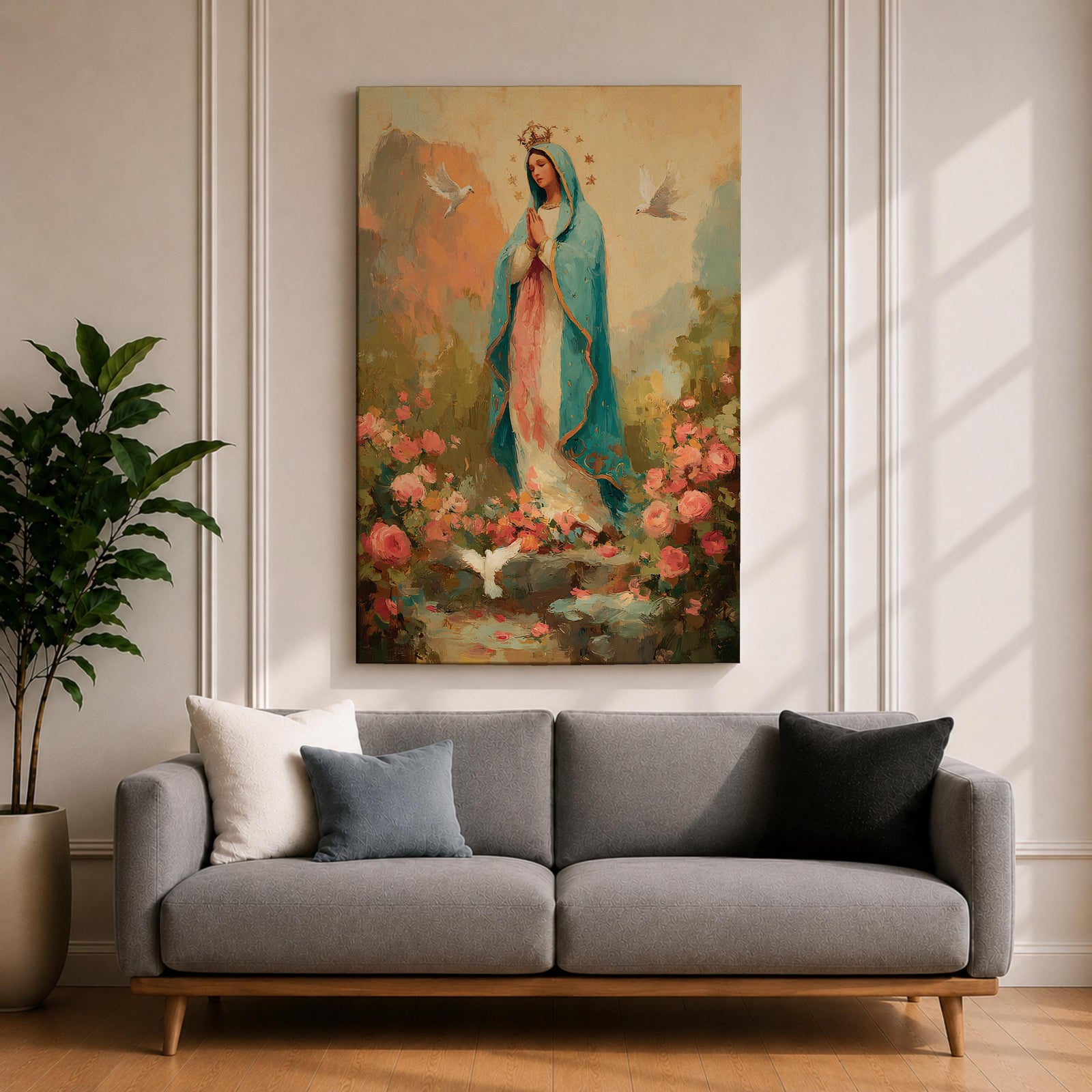 Virgin Mary wall art featuring Madonna in prayer surrounded by blooming roses and white doves in a peaceful garden. Soft pastel colors and impressionist brushwork create a beautiful Christian religious artwork for prayer rooms and sacred spaces.