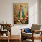 Virgin Mary wall art featuring Madonna in prayer surrounded by blooming roses and white doves in a peaceful garden. Soft pastel colors and impressionist brushwork create a beautiful Christian religious artwork for prayer rooms and sacred spaces.