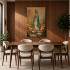 Virgin Mary wall art featuring Madonna in prayer surrounded by blooming roses and white doves in a peaceful garden. Soft pastel colors and impressionist brushwork create a beautiful Christian religious artwork for prayer rooms and sacred spaces.