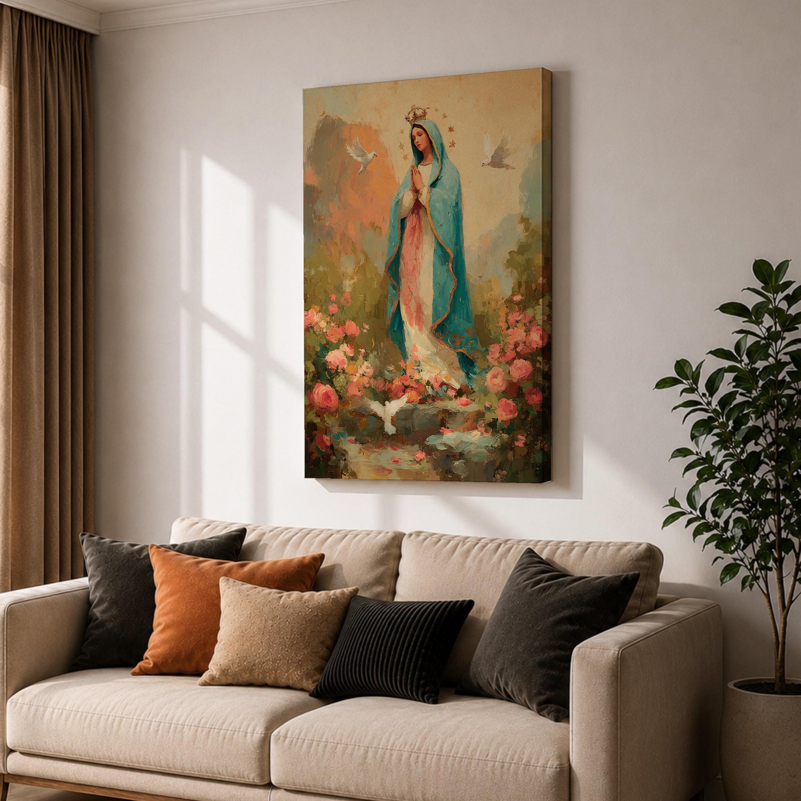 Virgin Mary wall art featuring Madonna in prayer surrounded by blooming roses and white doves in a peaceful garden. Soft pastel colors and impressionist brushwork create a beautiful Christian religious artwork for prayer rooms and sacred spaces.