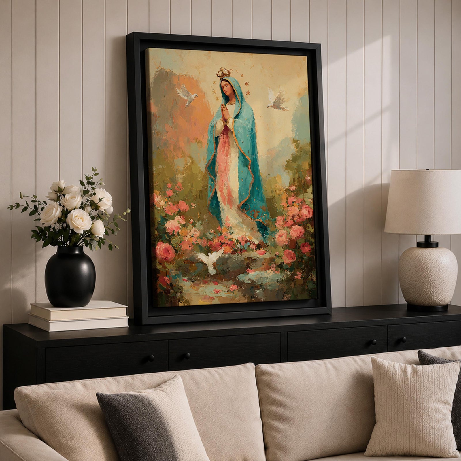 Virgin Mary wall art featuring Madonna in prayer surrounded by blooming roses and white doves in a peaceful garden. Soft pastel colors and impressionist brushwork create a beautiful Christian religious artwork for prayer rooms and sacred spaces.