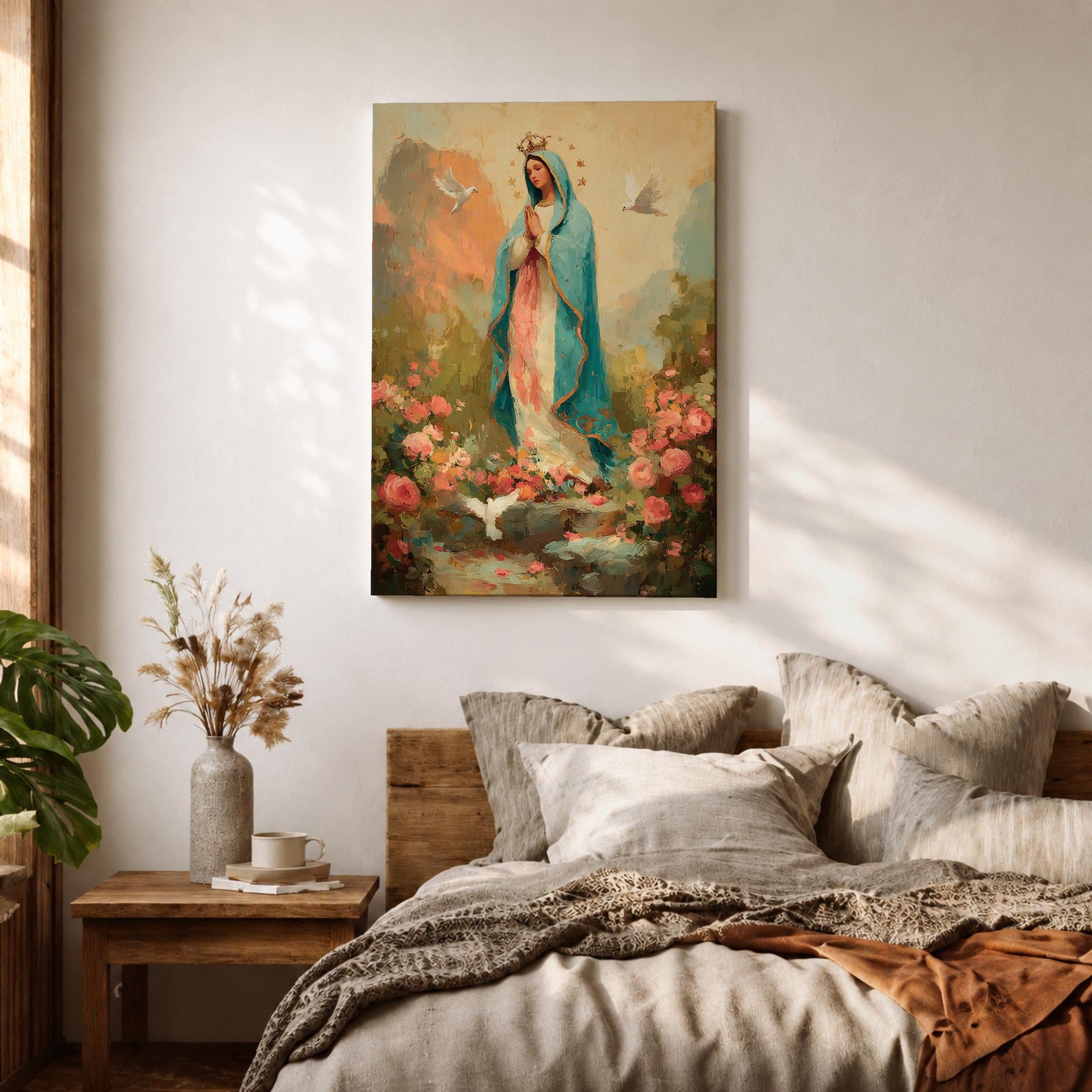 Virgin Mary wall art featuring Madonna in prayer surrounded by blooming roses and white doves in a peaceful garden. Soft pastel colors and impressionist brushwork create a beautiful Christian religious artwork for prayer rooms and sacred spaces.