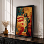 Statue of Liberty wall art featuring Lady Liberty standing before a dramatic American flag rendered in bold abstract brushstrokes. Rich red, white, blue, and gold tones create a patriotic artwork that celebrates freedom, independence, national pride, and the enduring spirit of the United States.