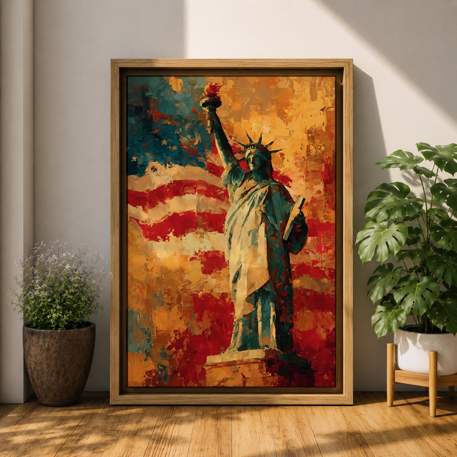 Statue of Liberty wall art featuring Lady Liberty standing before a dramatic American flag rendered in bold abstract brushstrokes. Rich red, white, blue, and gold tones create a patriotic artwork that celebrates freedom, independence, national pride, and the enduring spirit of the United States.