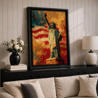 Statue of Liberty wall art featuring Lady Liberty standing before a dramatic American flag rendered in bold abstract brushstrokes. Rich red, white, blue, and gold tones create a patriotic artwork that celebrates freedom, independence, national pride, and the enduring spirit of the United States.