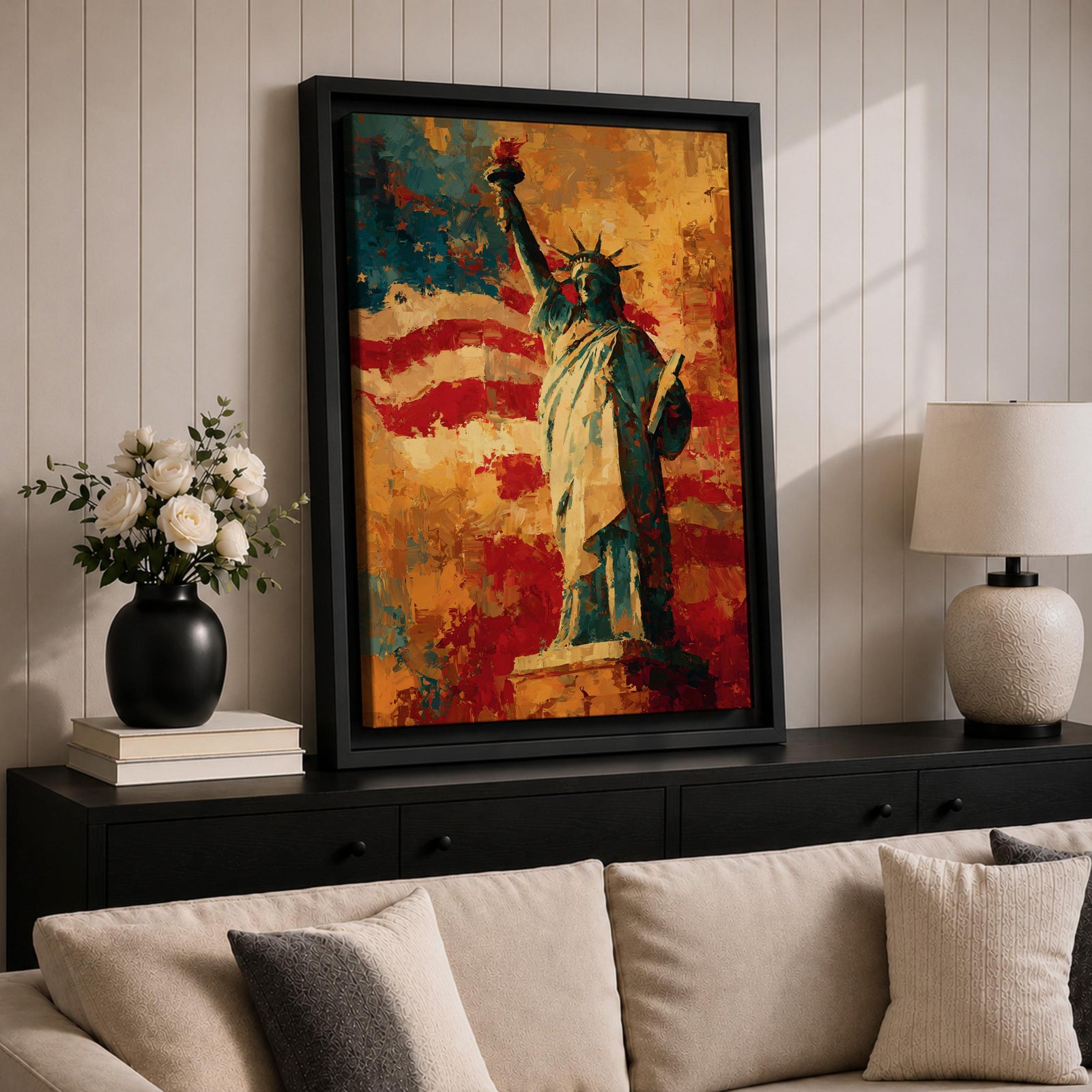 Statue of Liberty wall art featuring Lady Liberty standing before a dramatic American flag rendered in bold abstract brushstrokes. Rich red, white, blue, and gold tones create a patriotic artwork that celebrates freedom, independence, national pride, and the enduring spirit of the United States.