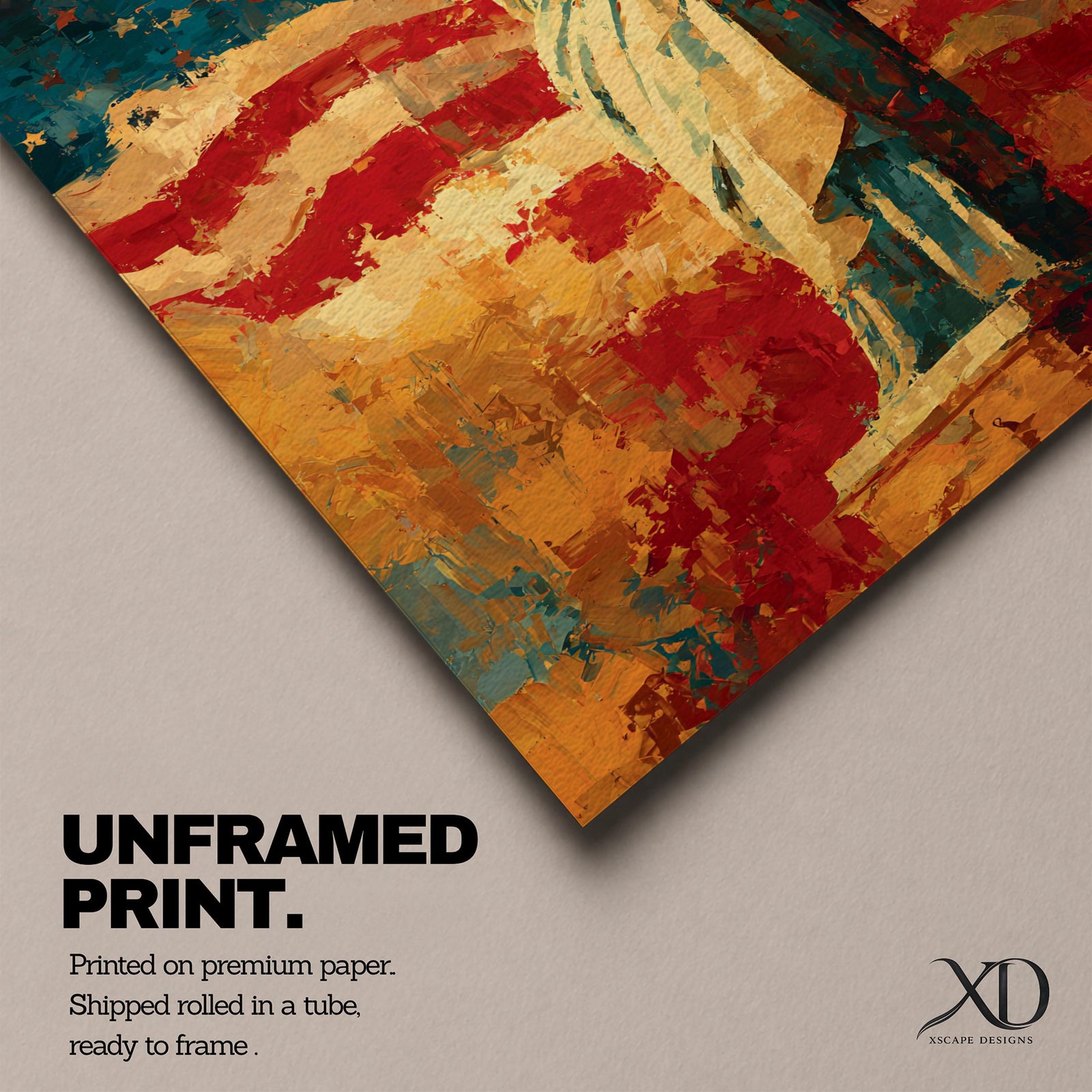 Statue of Liberty wall art featuring Lady Liberty standing before a dramatic American flag rendered in bold abstract brushstrokes. Rich red, white, blue, and gold tones create a patriotic artwork that celebrates freedom, independence, national pride, and the enduring spirit of the United States.