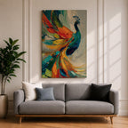 Impasto style painting of a peacock with vibrant, colorful feathers in shades of blue, orange, yellow, and green, displayed on a canvas leaning against a wall with natural light casting shadows.