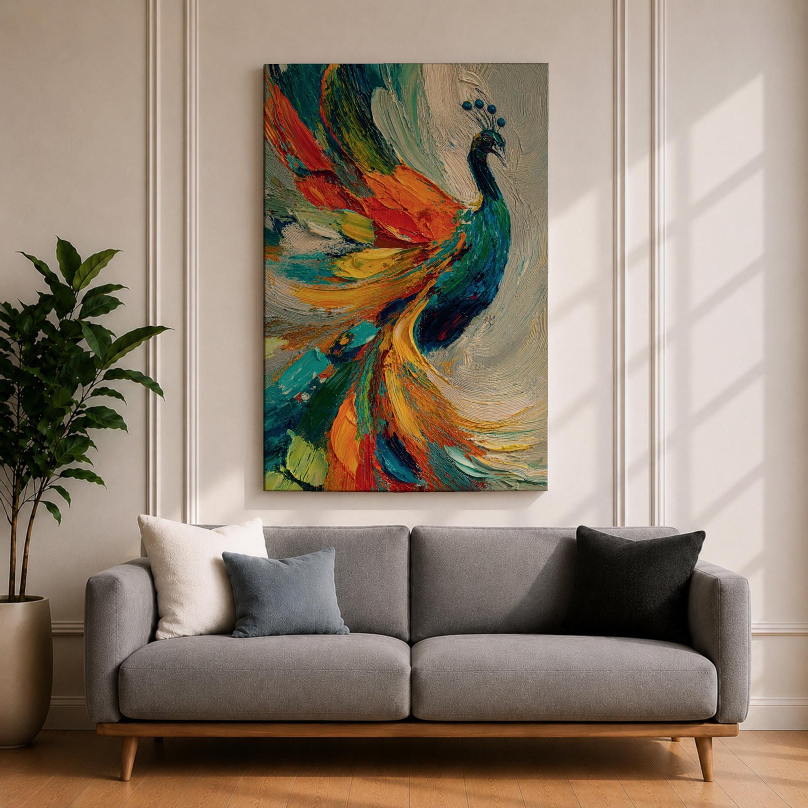 Impasto style painting of a peacock with vibrant, colorful feathers in shades of blue, orange, yellow, and green, displayed on a canvas leaning against a wall with natural light casting shadows.