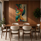 Impasto style painting of a peacock with vibrant, colorful feathers in shades of blue, orange, yellow, and green, displayed on a canvas leaning against a wall with natural light casting shadows.
