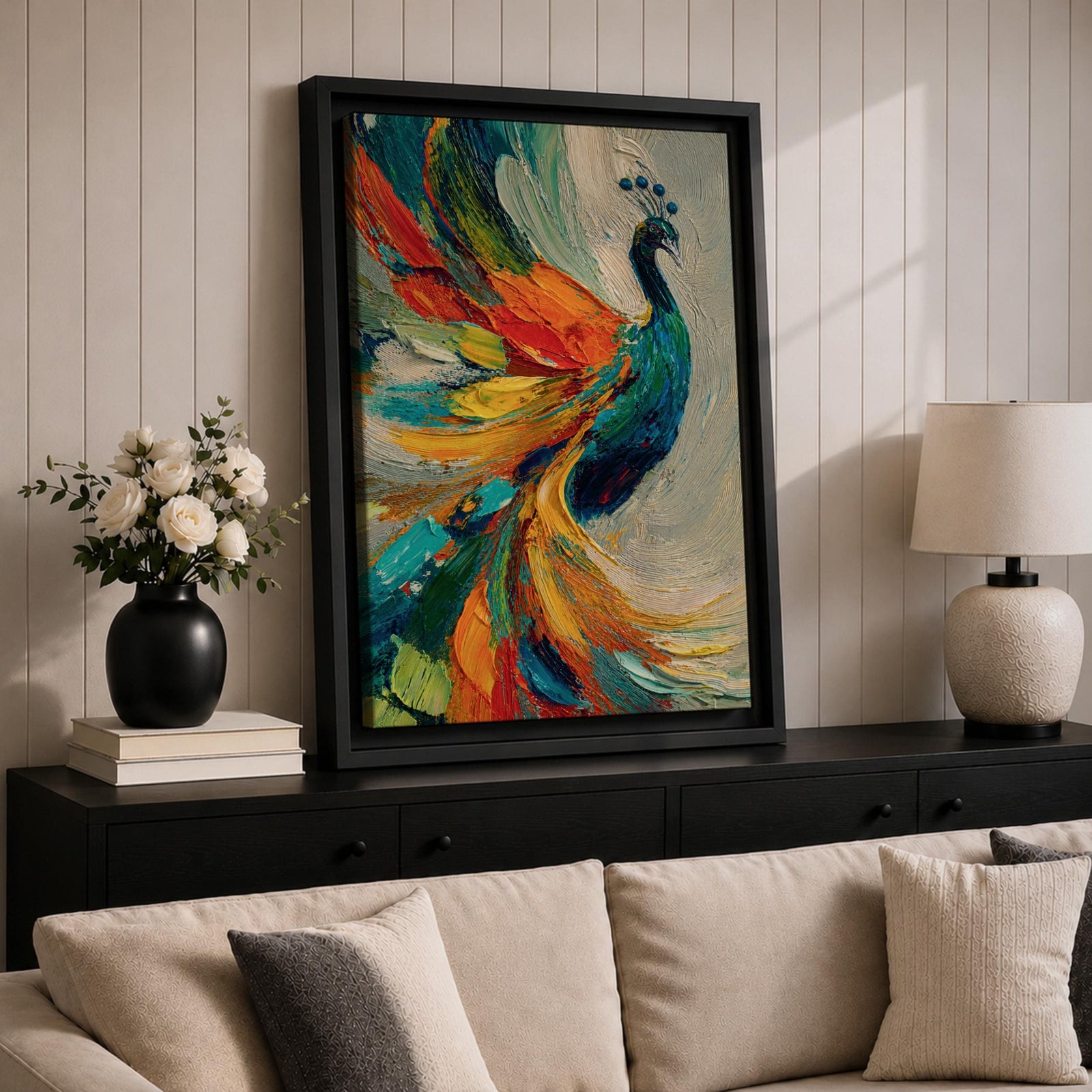 Impasto style painting of a peacock with vibrant, colorful feathers in shades of blue, orange, yellow, and green, displayed on a canvas leaning against a wall with natural light casting shadows.