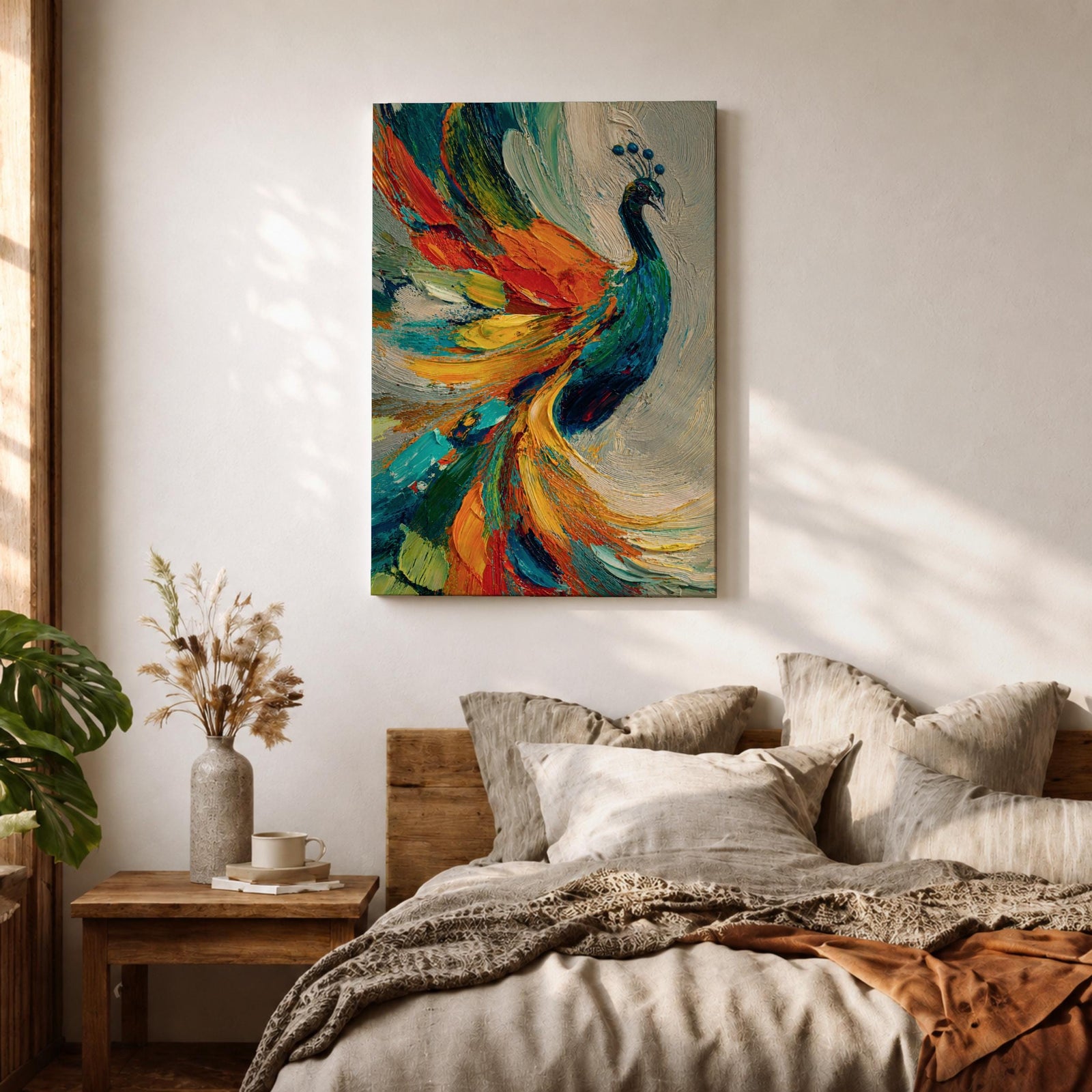 Impasto style painting of a peacock with vibrant, colorful feathers in shades of blue, orange, yellow, and green, displayed on a canvas leaning against a wall with natural light casting shadows.