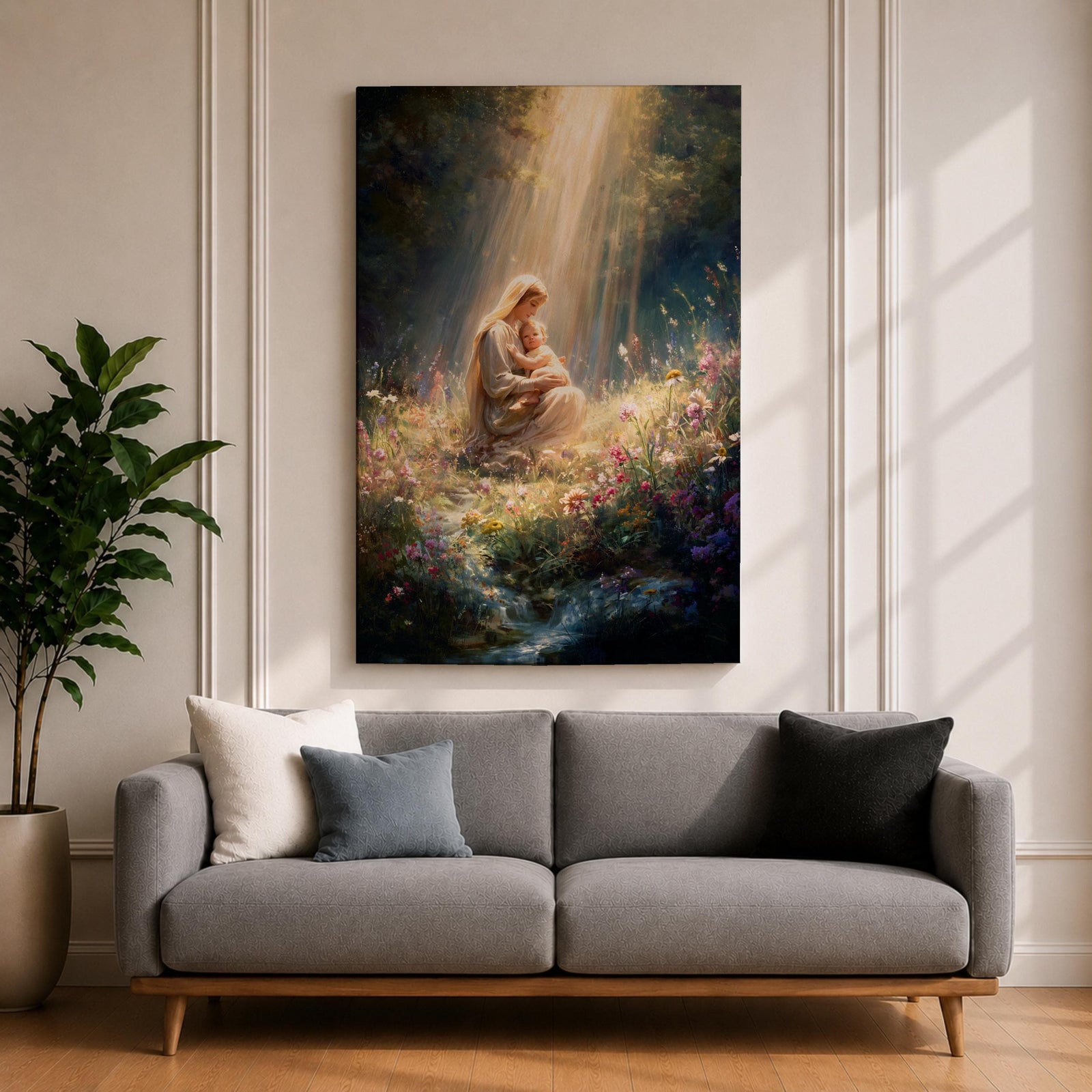 Bring timeless faith and serenity into your home with this Madonna and Child Wall Art, featuring heavenly sunbeams illuminating a peaceful wildflower meadow. This elegant Christian canvas print celebrates maternal love with soft painterly details, making it a beautiful focal point for any prayer room, nursery, or living space.