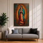 Our Lady of Guadalupe wall art featuring the Virgin Mary with hands folded in prayer, surrounded by radiant golden rays and ornate floral details. This Mexican Catholic religious artwork highlights her iconic turquoise mantle adorned with stars, creating a sacred focal point for prayer rooms, churches, and Christian homes.