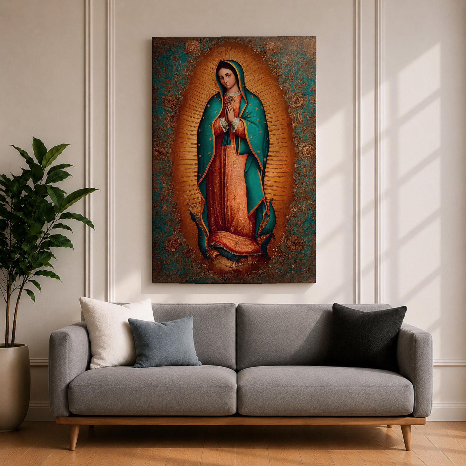 Our Lady of Guadalupe wall art featuring the Virgin Mary with hands folded in prayer, surrounded by radiant golden rays and ornate floral details. This Mexican Catholic religious artwork highlights her iconic turquoise mantle adorned with stars, creating a sacred focal point for prayer rooms, churches, and Christian homes.