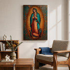Our Lady of Guadalupe wall art featuring the Virgin Mary with hands folded in prayer, surrounded by radiant golden rays and ornate floral details. This Mexican Catholic religious artwork highlights her iconic turquoise mantle adorned with stars, creating a sacred focal point for prayer rooms, churches, and Christian homes.