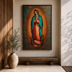 Our Lady of Guadalupe wall art featuring the Virgin Mary with hands folded in prayer, surrounded by radiant golden rays and ornate floral details. This Mexican Catholic religious artwork highlights her iconic turquoise mantle adorned with stars, creating a sacred focal point for prayer rooms, churches, and Christian homes.
