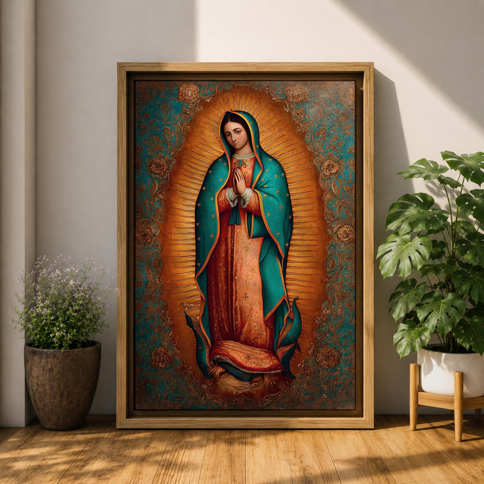Our Lady of Guadalupe wall art featuring the Virgin Mary with hands folded in prayer, surrounded by radiant golden rays and ornate floral details. This Mexican Catholic religious artwork highlights her iconic turquoise mantle adorned with stars, creating a sacred focal point for prayer rooms, churches, and Christian homes.