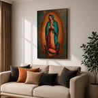 Our Lady of Guadalupe wall art featuring the Virgin Mary with hands folded in prayer, surrounded by radiant golden rays and ornate floral details. This Mexican Catholic religious artwork highlights her iconic turquoise mantle adorned with stars, creating a sacred focal point for prayer rooms, churches, and Christian homes.