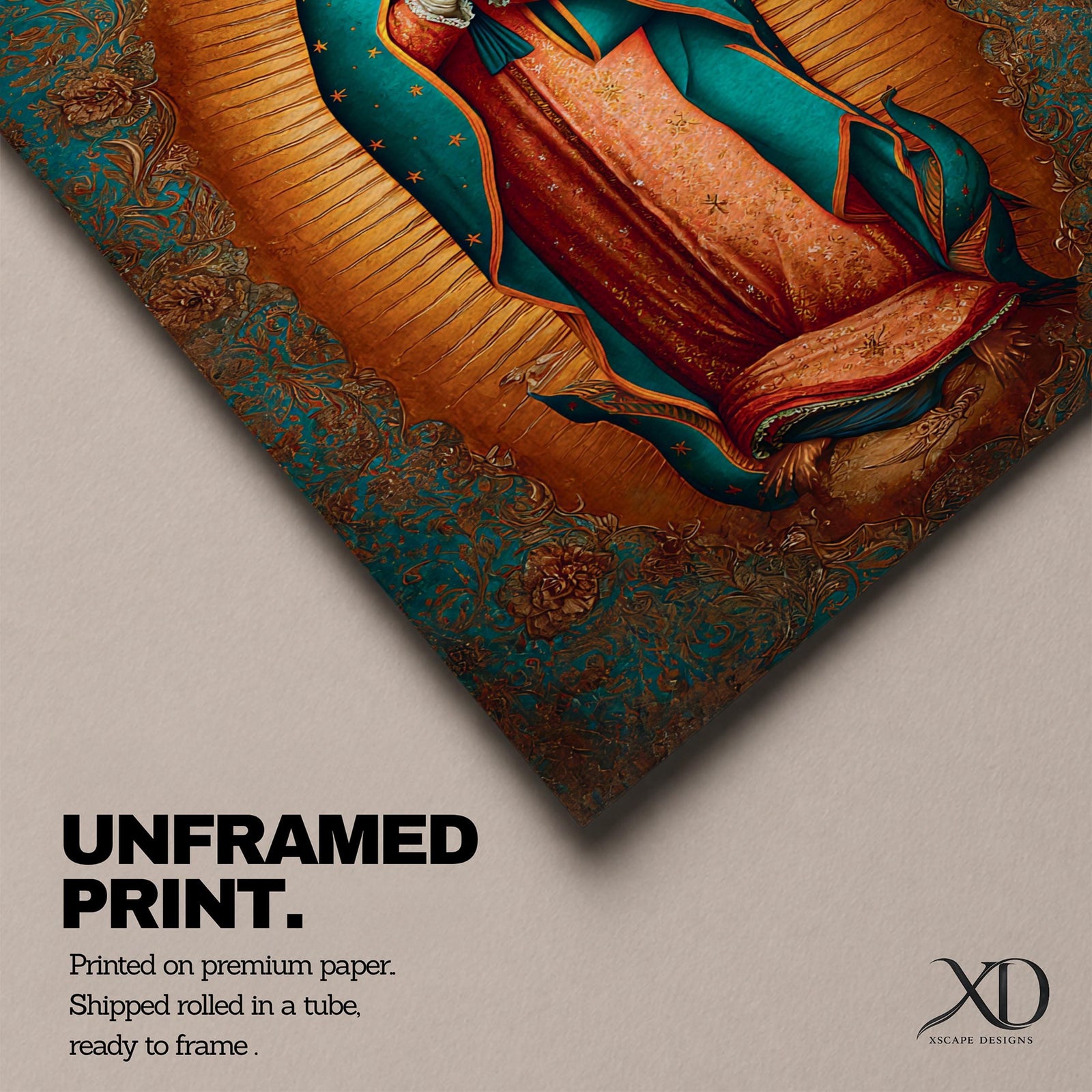 Our Lady of Guadalupe wall art featuring the Virgin Mary with hands folded in prayer, surrounded by radiant golden rays and ornate floral details. This Mexican Catholic religious artwork highlights her iconic turquoise mantle adorned with stars, creating a sacred focal point for prayer rooms, churches, and Christian homes.