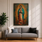 Our Lady of Guadalupe wall art featuring the Virgin Mary in prayer surrounded by radiant golden rays and ornate decorative details. This Mexican Catholic religious artwork showcases her iconic turquoise mantle adorned with stars, creating a sacred focal point for prayer rooms, churches, and Christian homes.