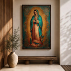 Our Lady of Guadalupe wall art featuring the Virgin Mary in prayer surrounded by radiant golden rays and ornate decorative details. This Mexican Catholic religious artwork showcases her iconic turquoise mantle adorned with stars, creating a sacred focal point for prayer rooms, churches, and Christian homes.