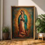 Our Lady of Guadalupe wall art featuring the Virgin Mary in prayer surrounded by radiant golden rays and ornate decorative details. This Mexican Catholic religious artwork showcases her iconic turquoise mantle adorned with stars, creating a sacred focal point for prayer rooms, churches, and Christian homes.