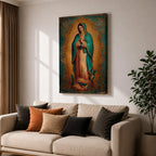 Our Lady of Guadalupe wall art featuring the Virgin Mary in prayer surrounded by radiant golden rays and ornate decorative details. This Mexican Catholic religious artwork showcases her iconic turquoise mantle adorned with stars, creating a sacred focal point for prayer rooms, churches, and Christian homes.