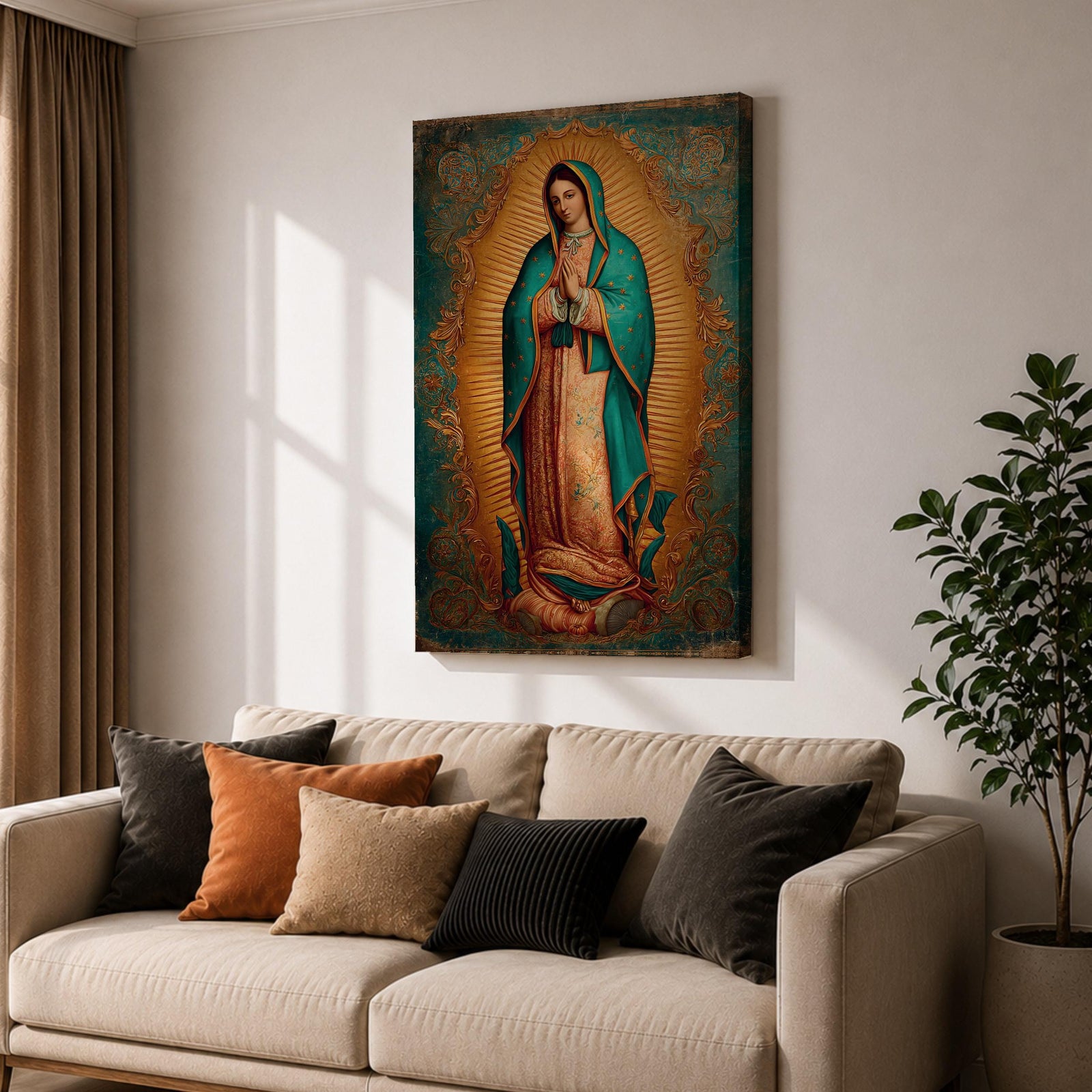 Our Lady of Guadalupe wall art featuring the Virgin Mary in prayer surrounded by radiant golden rays and ornate decorative details. This Mexican Catholic religious artwork showcases her iconic turquoise mantle adorned with stars, creating a sacred focal point for prayer rooms, churches, and Christian homes.
