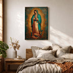Our Lady of Guadalupe wall art featuring the Virgin Mary in prayer surrounded by radiant golden rays and ornate decorative details. This Mexican Catholic religious artwork showcases her iconic turquoise mantle adorned with stars, creating a sacred focal point for prayer rooms, churches, and Christian homes.