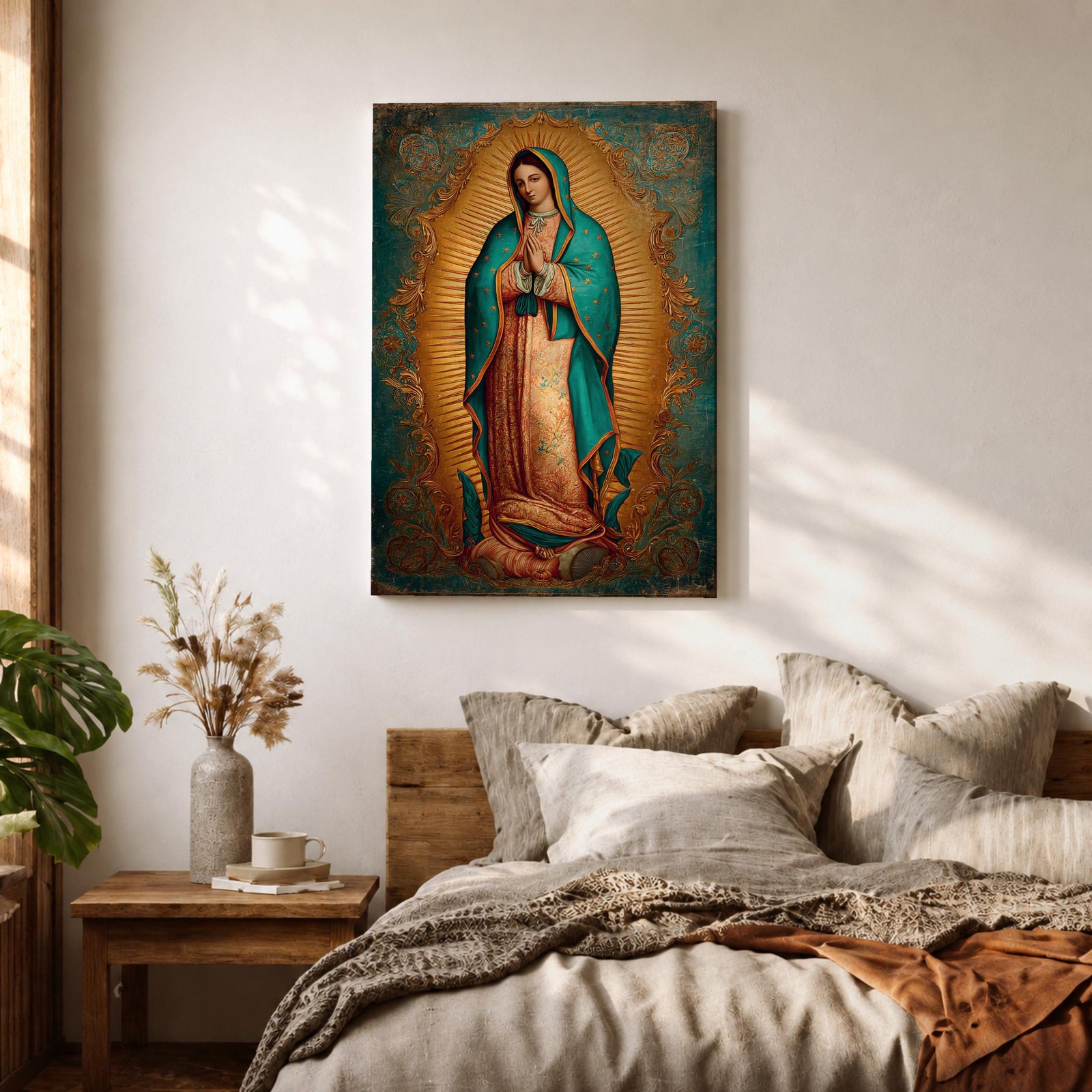 Our Lady of Guadalupe wall art featuring the Virgin Mary in prayer surrounded by radiant golden rays and ornate decorative details. This Mexican Catholic religious artwork showcases her iconic turquoise mantle adorned with stars, creating a sacred focal point for prayer rooms, churches, and Christian homes.
