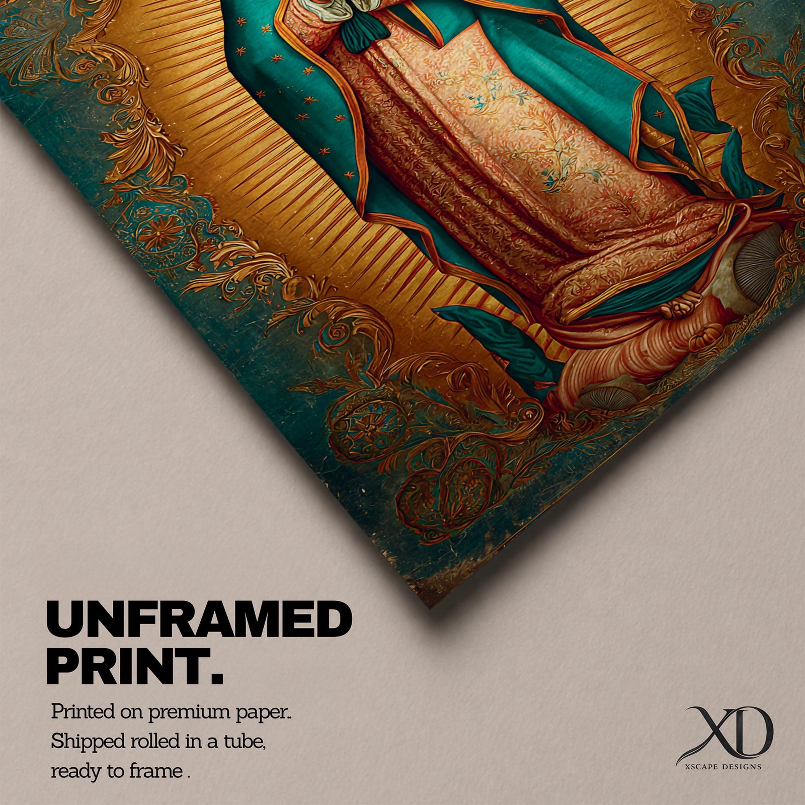 Our Lady of Guadalupe wall art featuring the Virgin Mary in prayer surrounded by radiant golden rays and ornate decorative details. This Mexican Catholic religious artwork showcases her iconic turquoise mantle adorned with stars, creating a sacred focal point for prayer rooms, churches, and Christian homes.
