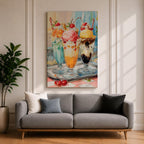 Colorful ice cream sundae wall art featuring three dessert glasses topped with scoops of ice cream, whipped cream, cherries, waffle cones, and chocolate drizzle. This vibrant watercolor-style painting brings a cheerful retro diner feel, making it perfect for kitchens, cafes, ice cream shops, and dessert lovers.