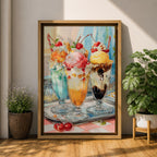 Colorful ice cream sundae wall art featuring three dessert glasses topped with scoops of ice cream, whipped cream, cherries, waffle cones, and chocolate drizzle. This vibrant watercolor-style painting brings a cheerful retro diner feel, making it perfect for kitchens, cafes, ice cream shops, and dessert lovers.