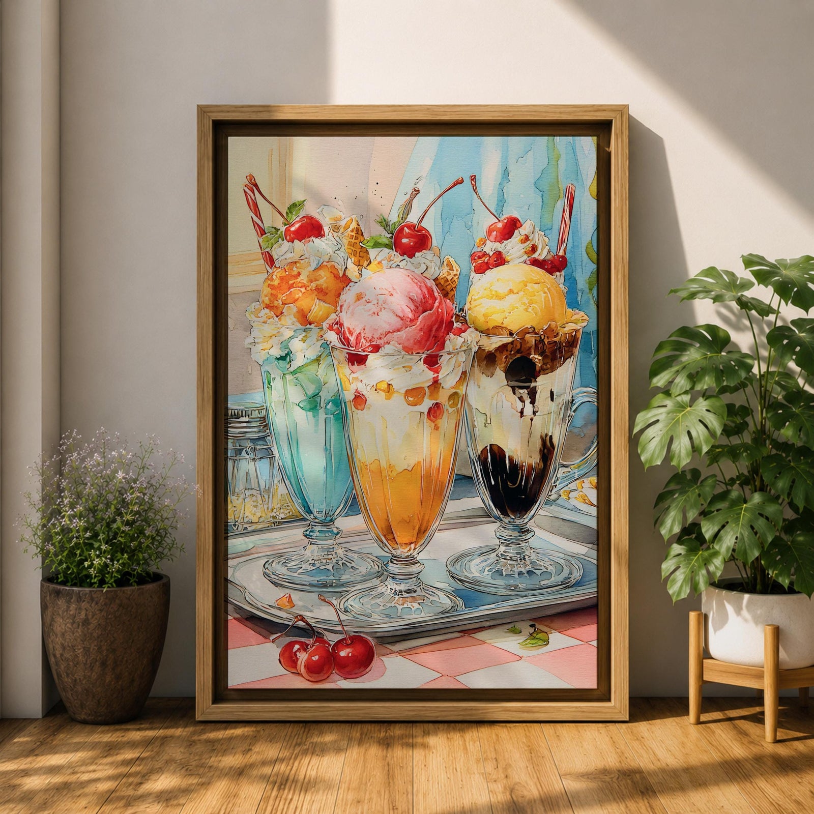 Colorful ice cream sundae wall art featuring three dessert glasses topped with scoops of ice cream, whipped cream, cherries, waffle cones, and chocolate drizzle. This vibrant watercolor-style painting brings a cheerful retro diner feel, making it perfect for kitchens, cafes, ice cream shops, and dessert lovers.