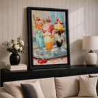 Colorful ice cream sundae wall art featuring three dessert glasses topped with scoops of ice cream, whipped cream, cherries, waffle cones, and chocolate drizzle. This vibrant watercolor-style painting brings a cheerful retro diner feel, making it perfect for kitchens, cafes, ice cream shops, and dessert lovers.