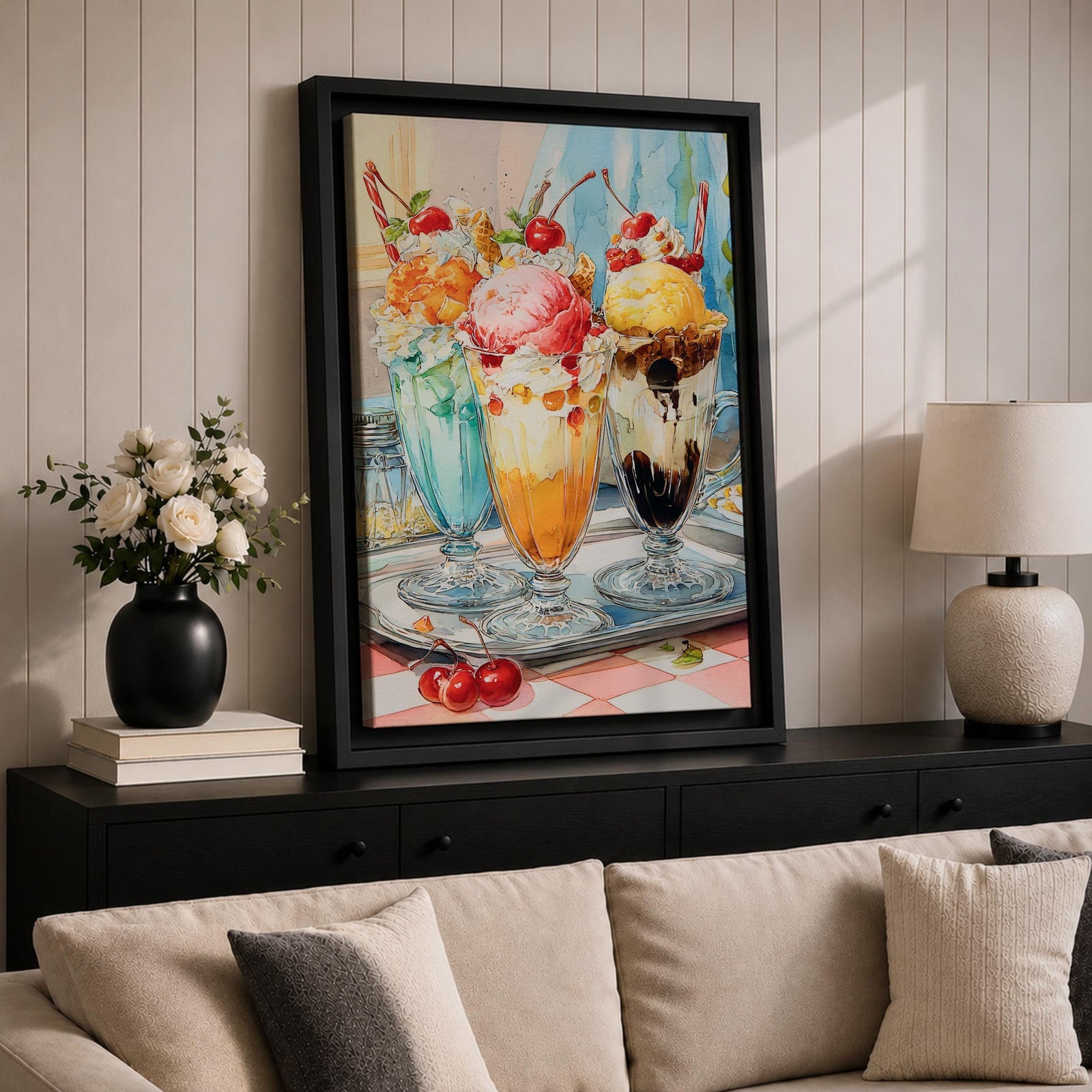Colorful ice cream sundae wall art featuring three dessert glasses topped with scoops of ice cream, whipped cream, cherries, waffle cones, and chocolate drizzle. This vibrant watercolor-style painting brings a cheerful retro diner feel, making it perfect for kitchens, cafes, ice cream shops, and dessert lovers.