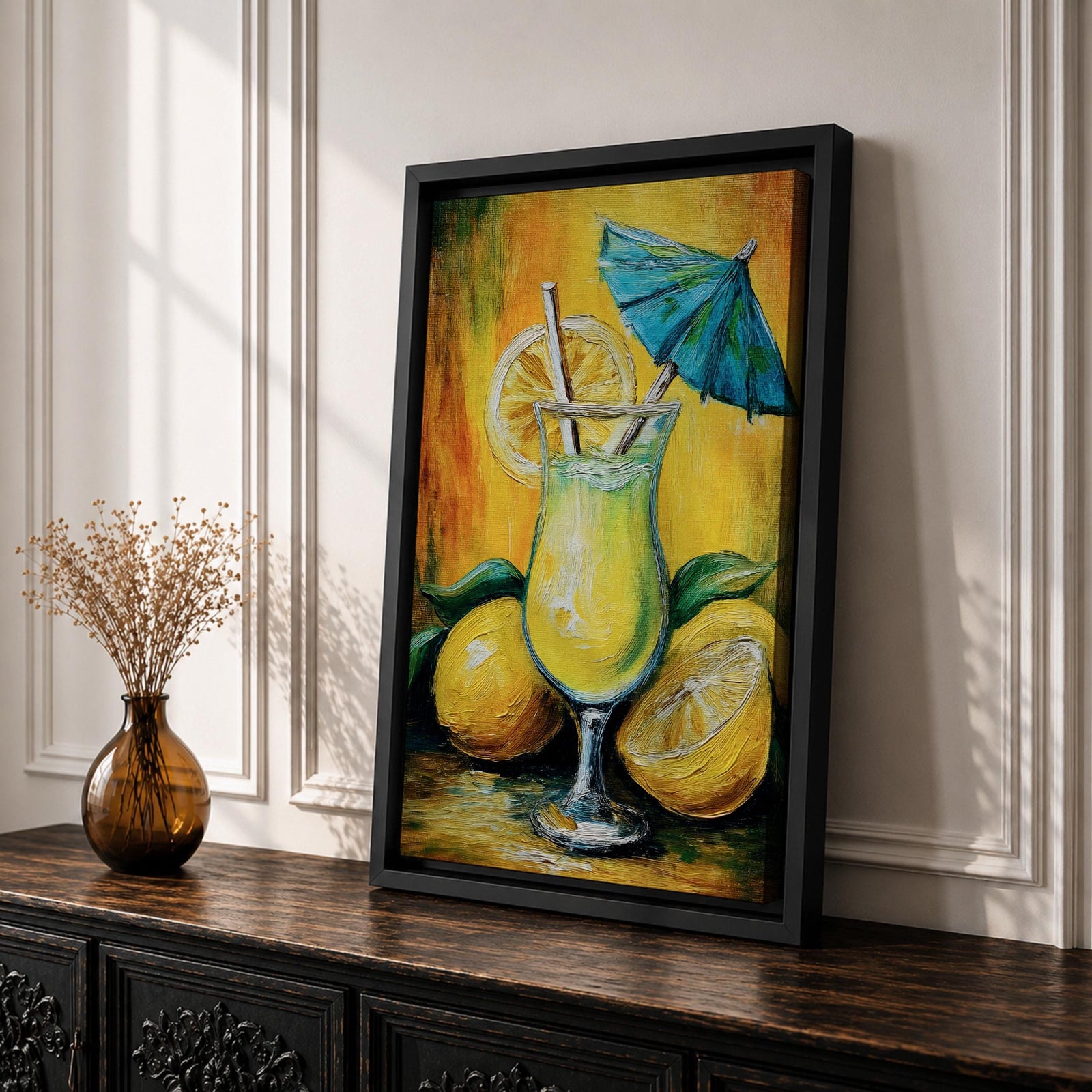 Vibrant lemon cocktail wall art featuring a refreshing citrus drink in a stemmed glass with lemon slices, a straw, and a blue cocktail umbrella. This abstract impasto-style painting uses bright yellow, green, and blue tones, creating a cheerful tropical atmosphere for kitchens, dining rooms, bars, and entertaining spaces.