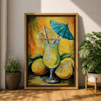 Vibrant lemon cocktail wall art featuring a refreshing citrus drink in a stemmed glass with lemon slices, a straw, and a blue cocktail umbrella. This abstract impasto-style painting uses bright yellow, green, and blue tones, creating a cheerful tropical atmosphere for kitchens, dining rooms, bars, and entertaining spaces.