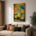 Vibrant lemon cocktail wall art featuring a refreshing citrus drink in a stemmed glass with lemon slices, a straw, and a blue cocktail umbrella. This abstract impasto-style painting uses bright yellow, green, and blue tones, creating a cheerful tropical atmosphere for kitchens, dining rooms, bars, and entertaining spaces.