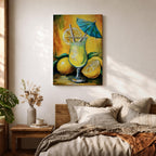Vibrant lemon cocktail wall art featuring a refreshing citrus drink in a stemmed glass with lemon slices, a straw, and a blue cocktail umbrella. This abstract impasto-style painting uses bright yellow, green, and blue tones, creating a cheerful tropical atmosphere for kitchens, dining rooms, bars, and entertaining spaces.